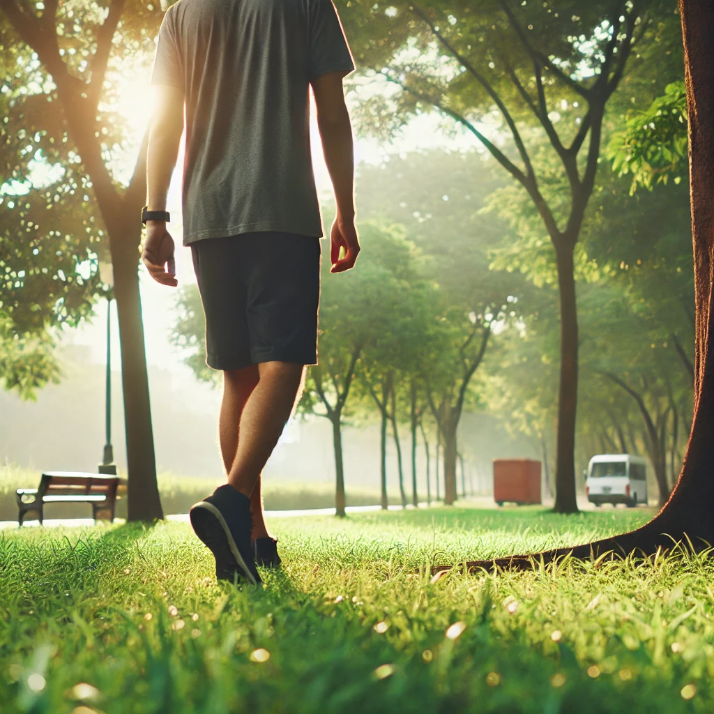 "아침 공기 속에서 야외 공원을 걷는 사람: 신선한 산소를 들이마시며 폐 속의 불순물을 배출하고 하루를 상쾌하게 시작하는 산책"
