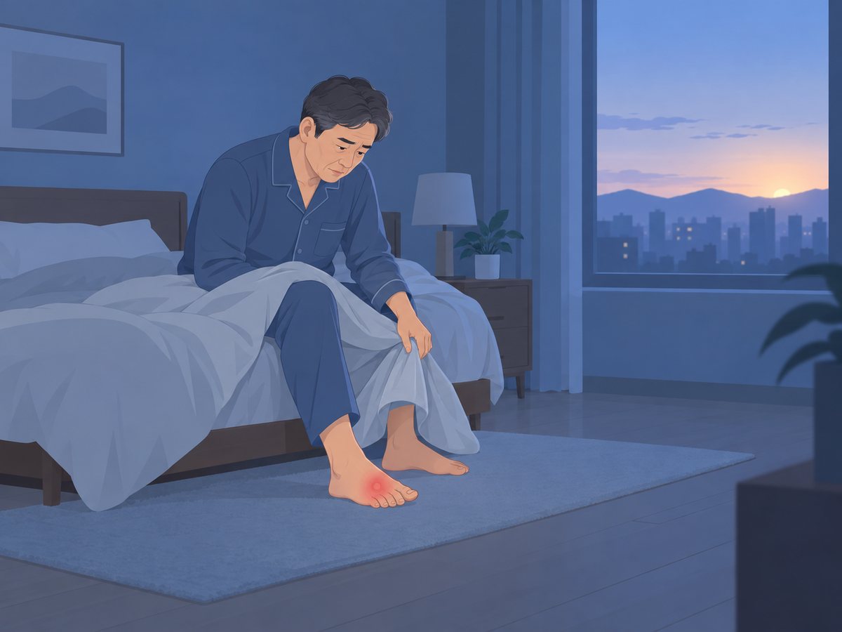 새벽에 엄지발가락 뿌리가 붉게 부어 침대 끝에 앉아 발을 내려다보는 중년 남성