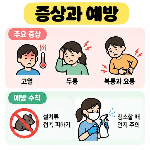고열과 두통, 복통과 요통 증상과 설치류 접촉 및 오염 먼지를 피하는 예방법을 정리한 카드