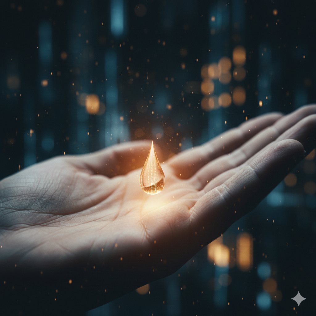 어두운 배경 속에서 펼쳐진 인간의 손바닥 위로 황금빛으로 빛나는 눈물 한 방울이 떠 있는 클로즈업 이미지. 눈물 방울 내부에는 미세한 디지털 숫자들이 새겨져 있으며, 주변으로 따뜻한 빛의 입자들이 흩날리며 차가운 시스템에 스며든 온기를 시각화하고 있다.