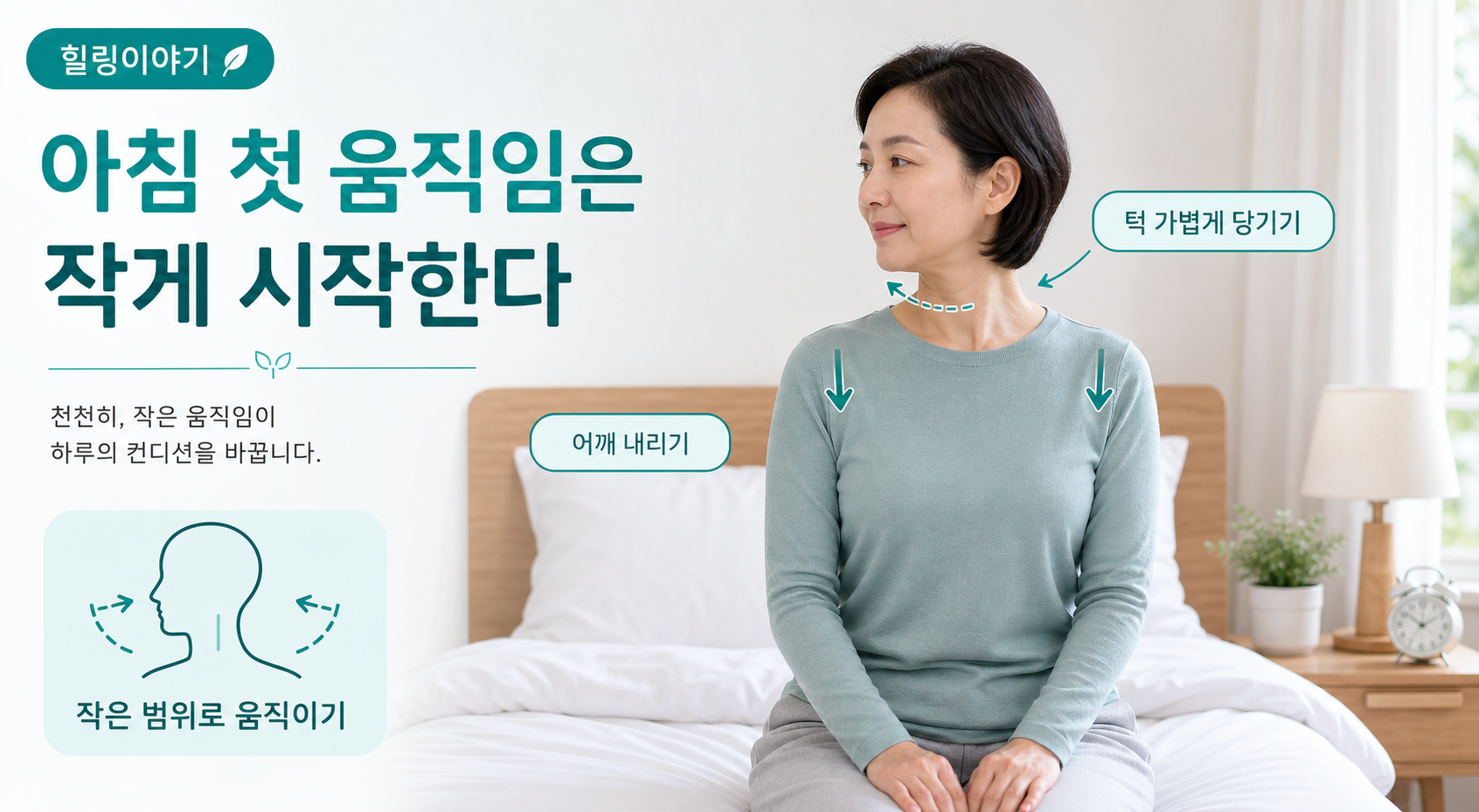 아침에 목이 뻐근할 때 통증이 심해지지 않는 작은 범위에서 움직이는 자세 설명 이미지