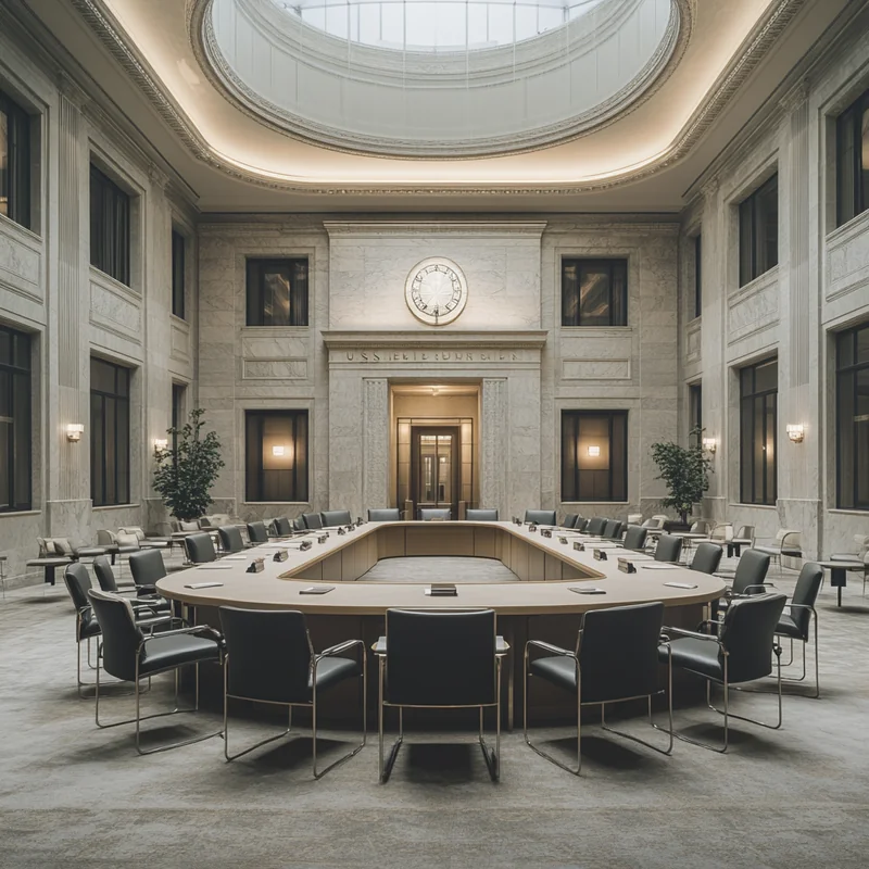 미국 연방준비제도에서 진행 중인 경제 예측 토론은 진지함과 중요한 영향을 반영하며, 높은 천장이 있는 회의실에서 이루어진다.