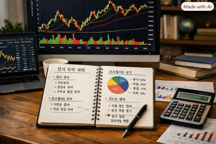 장기투자 계획이 적힌 노트와 주식 차트 @AI생성