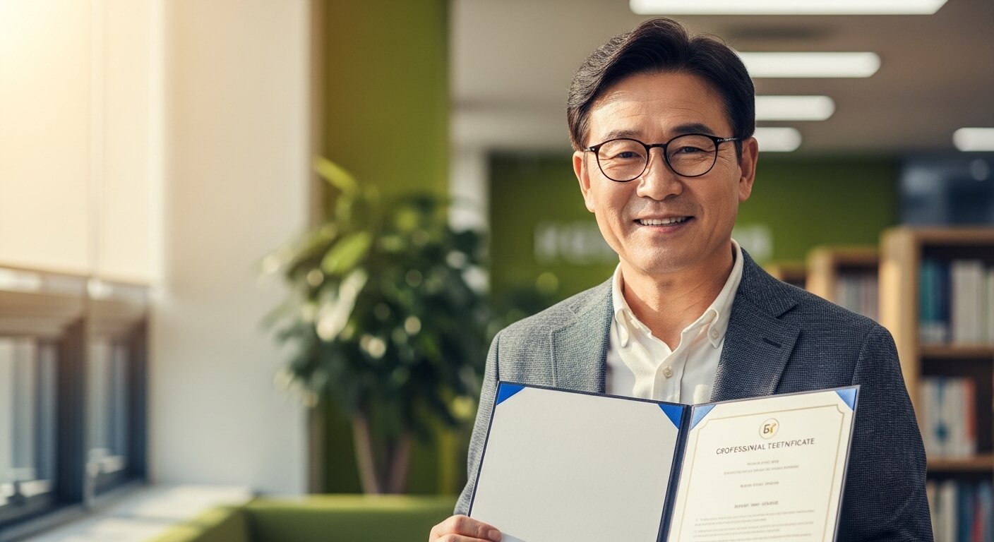 중년남성이 자격증을 들고 웃음을 보이고 서있다