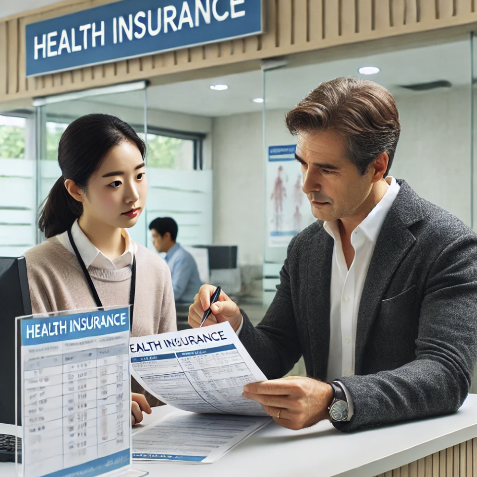 건강보험 제도 상담 중인 보험사무실