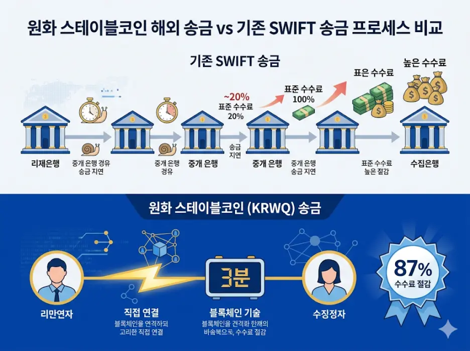 Alt 태그: 원화 스테이블코인 기반 해외 송금과 전통 SWIFT 방식의 시간 및 수수료 절감 효과 비교 인포그래픽