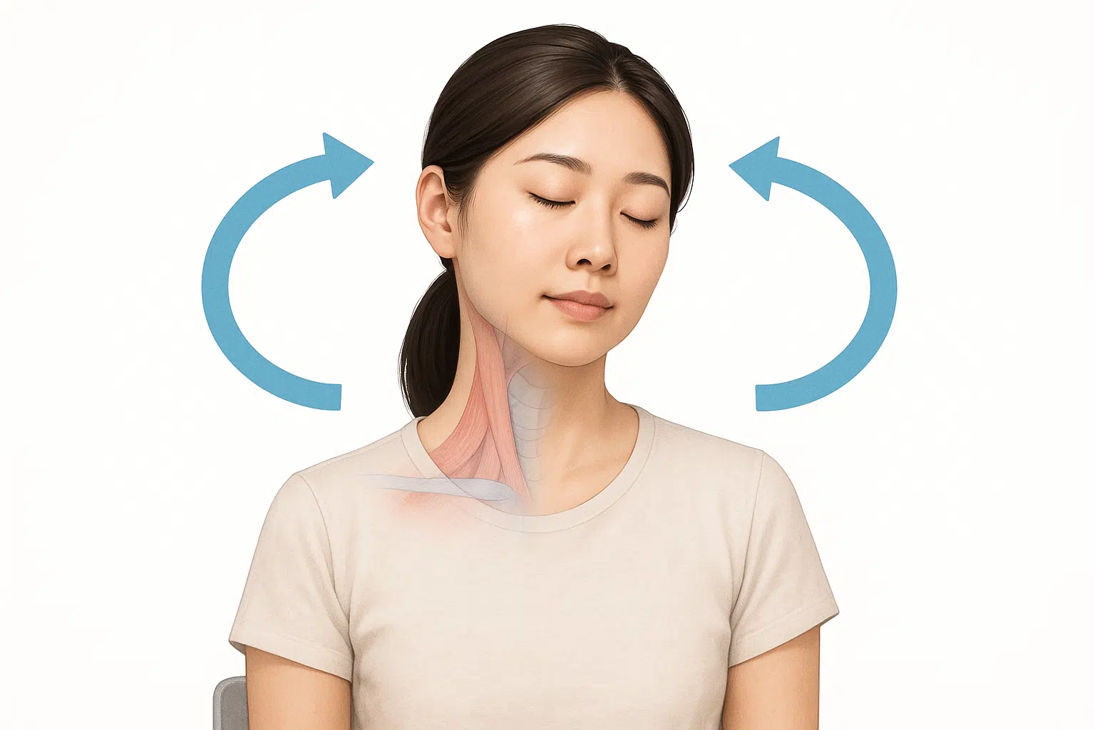 고개를 천천히 회전하는 한국인 여성, 시계 방향과 반시계 방향 화살표 아이콘, 목 주변 근육의 부드러운 이완 표현