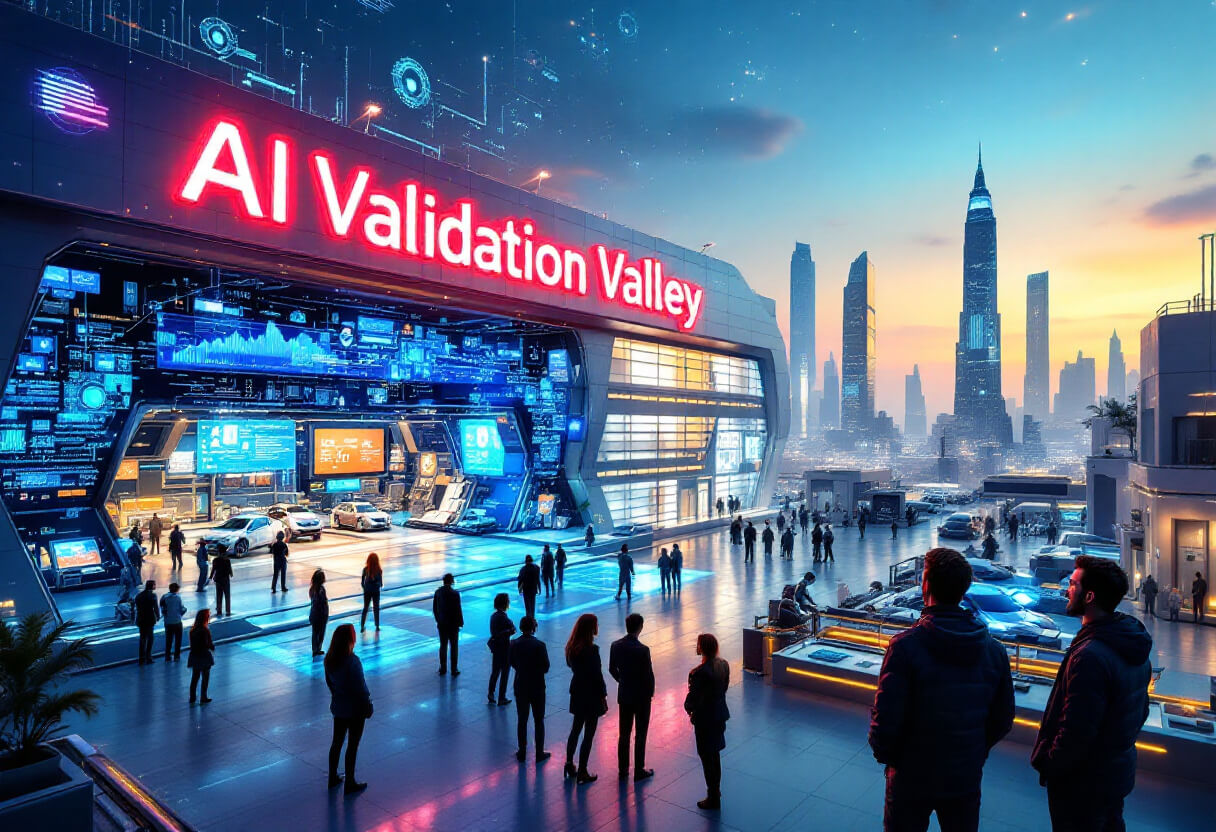 AI Validation Valley'라는 붉게 빛나는 간판이 있는 미래지향적인 첨단 복합단지. 플라자에는 자율주행차와 데이터 대시보드, AI 로봇이 전시되어 있으며, 이를 관찰하는 사람들이 모여 활기찬 분위기를 이루고 있습니다. 배경에는 황혼이 깔린 하늘 아래 현대적인 고층 빌딩들이 늘어서 있어 AI 기술의 혁신과 발전을 상징합니다. 푸른 홀로그램 요소와 세련된 건축 디자인이 첨단 인프라를 돋보이게 합니
