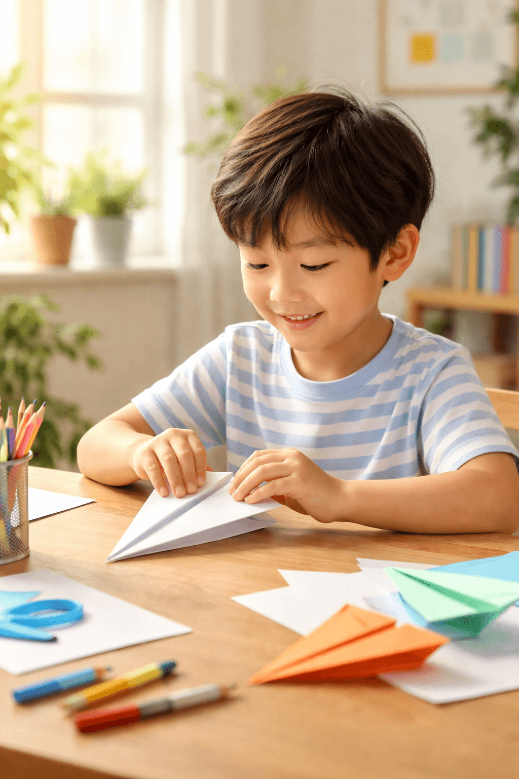종이비행기를 접으로 스스로 탐색하는 아이 모습