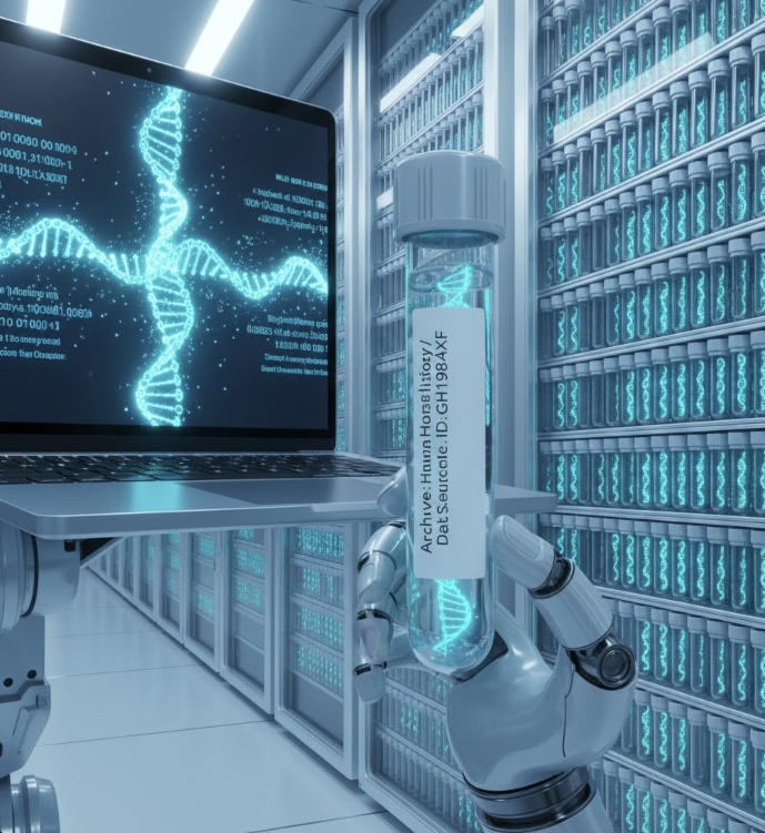 디지털 이진 데이터를 DNA 염기서열로 변환하여 극소량의 액체에 저장하고, 이를 장기 보존 시설에 아카이빙하는 미래형 DNA 데이터 저장 기술의 원리와 시스템을 설명하는 이미지.