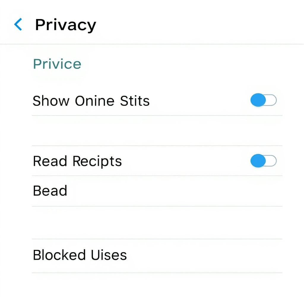 메신저 앱의 '설정' 화면 중 '개인정보 보호' 또는 '보안' 관련 메뉴 목록이 보이는 화면을 그립니다. '온라인 상태 표시', '읽음 확인', '차단 목록' 등 구체적인 설정 항목들이 보이도록 구성합니다.