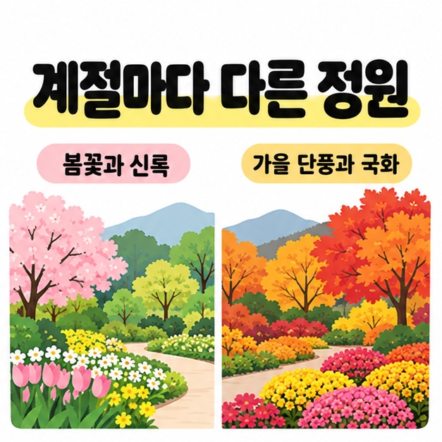 봄꽃과 신록의 정원 및 가을 단풍과 국화의 정원을 좌우로 비교한 계절 풍경 삽화