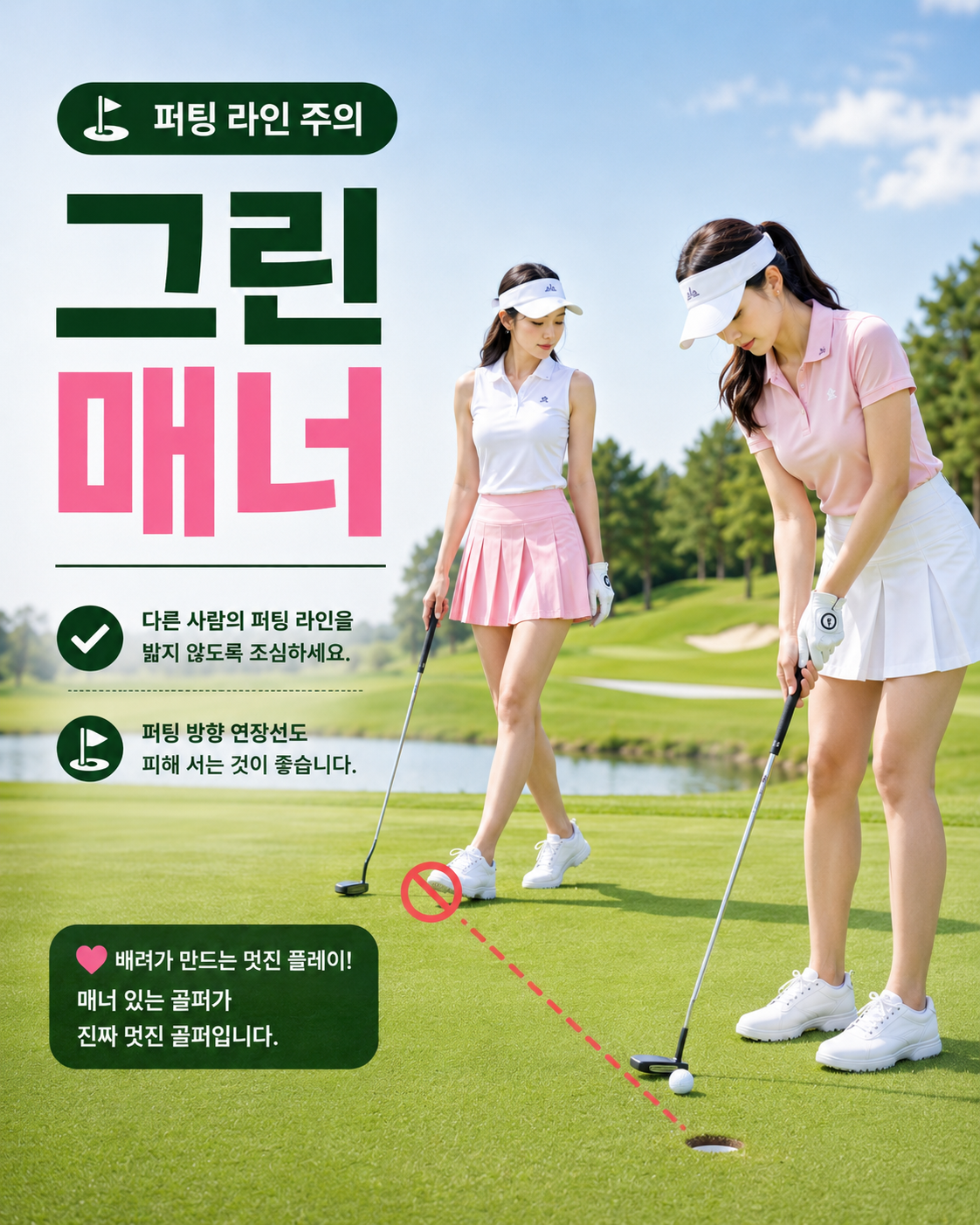다른 골퍼의 퍼팅 라인을 밟지 않고 퍼팅 방향을 피해 기다리는 그린 매너