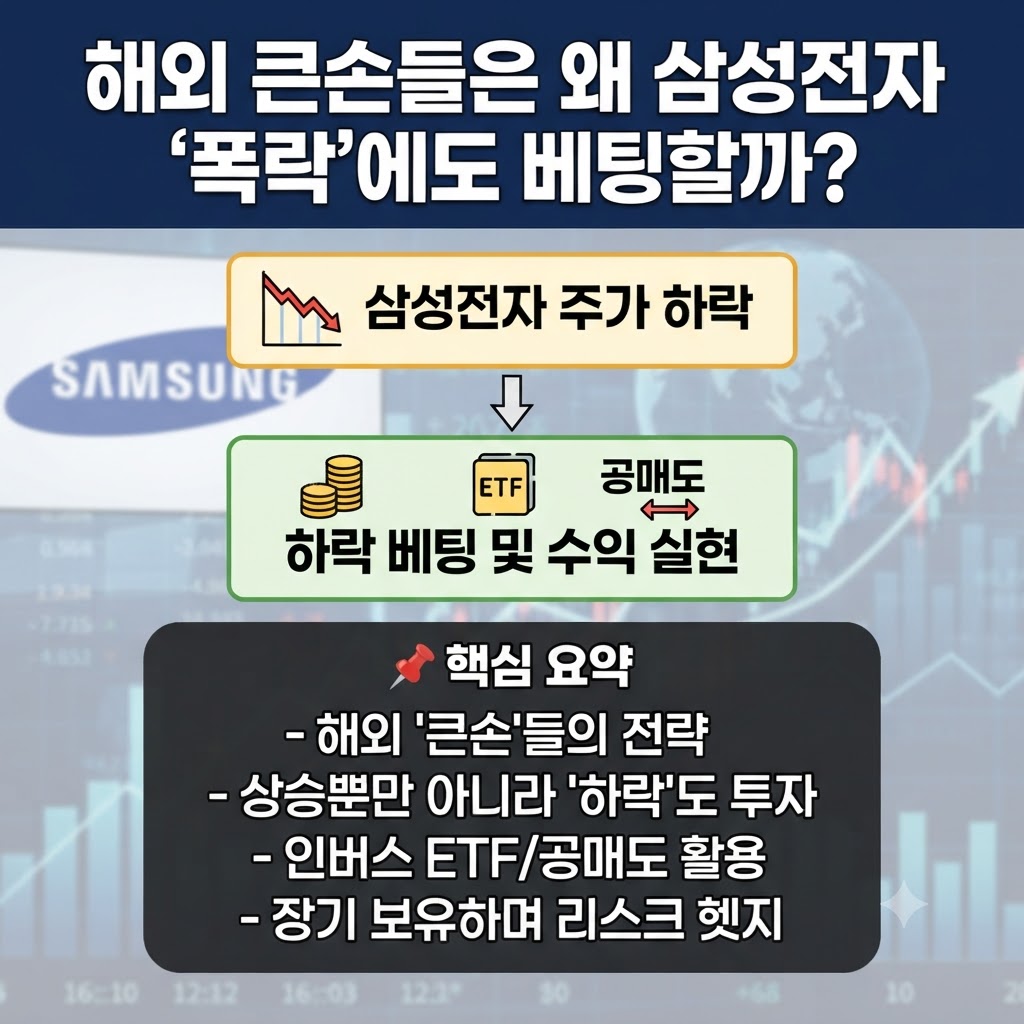 해외 큰손들은 왜 삼성전자 폭락에도 베팅할까? 블로그 포스팅 썸네일 이미지 - 삼성전자 주가 하락 시 인버스 ETF와 공매도를 활용한 하락 베팅 및 리스크 헷지 전략 핵심 요약