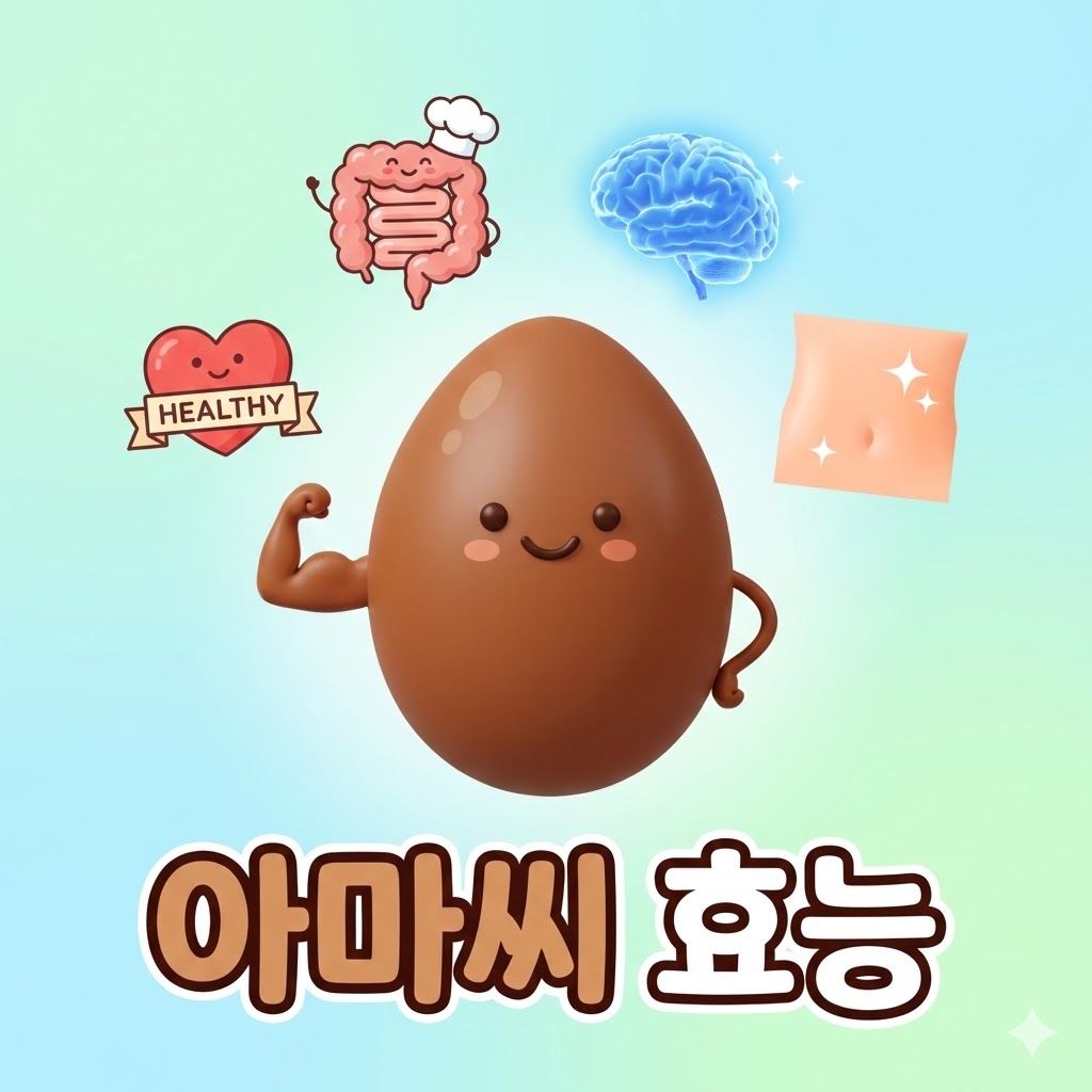 아마씨의 건강상 이점을 귀여운 캐릭터로 표현한 이미지. 아마씨가 오메가-3, 식이섬유, 리그난 등을 통해 심장, 장, 뇌, 피부 건강에 도움을 주는 모습을 묘사.