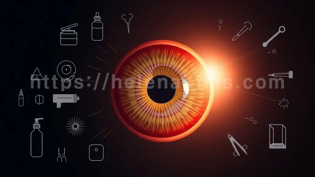 중앙에 눈의 안구 단면을 크게 배치하고, 주변으로 점안액 병, 레이저 빛 줄기, 섬세한 수술 도구의 아이콘들이 눈을 향해 배열되어 다양한 치료 방식을 표현한 이미지.