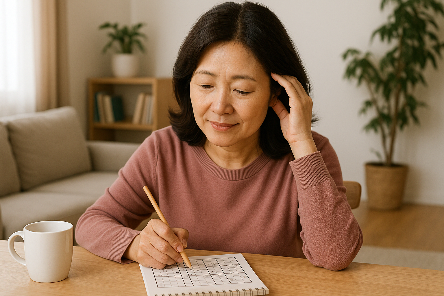 치매 예방을 위해 퍼즐을 하고 있는 중년 여성