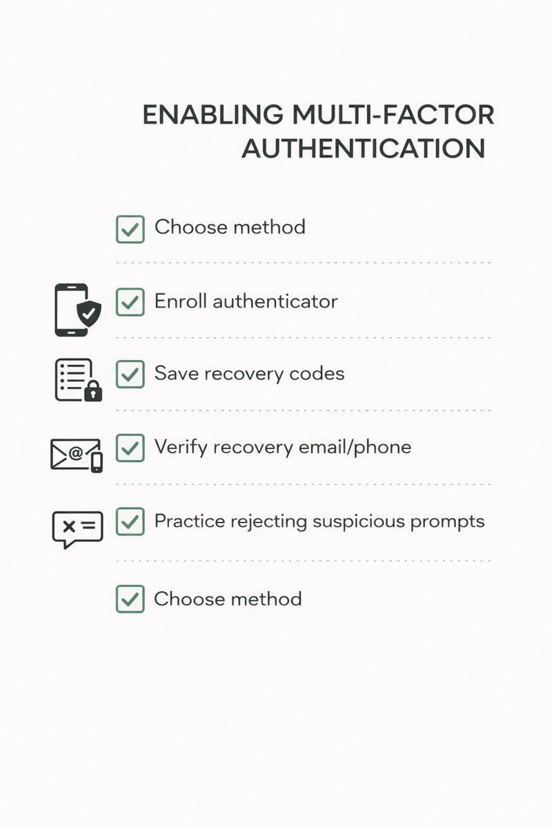 2단계 인증을 켠 뒤 복구 이메일/전화번호 점검, 백업 코드 보관, 인증 앱 등록, 의심 승인 요청 거부 등 운영 체크리스트를 단계별로 정리한 다이어그램