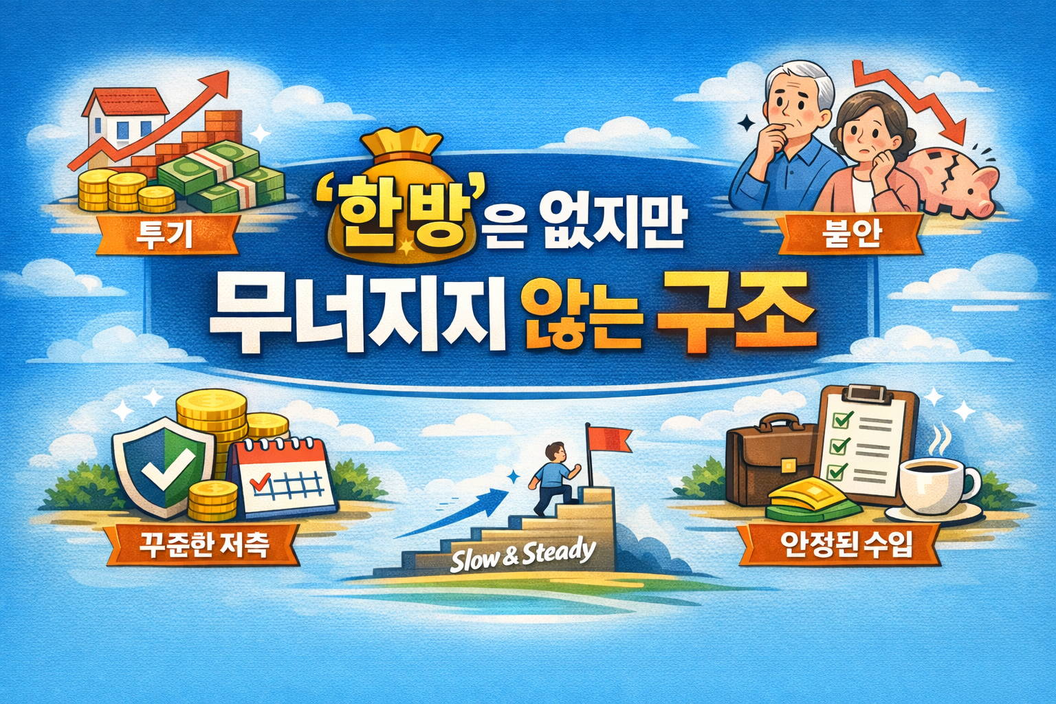 한 방은 없지만 무너지지 않는 구조, 중년의 삶과 노후 준비를 상징하는 이미지