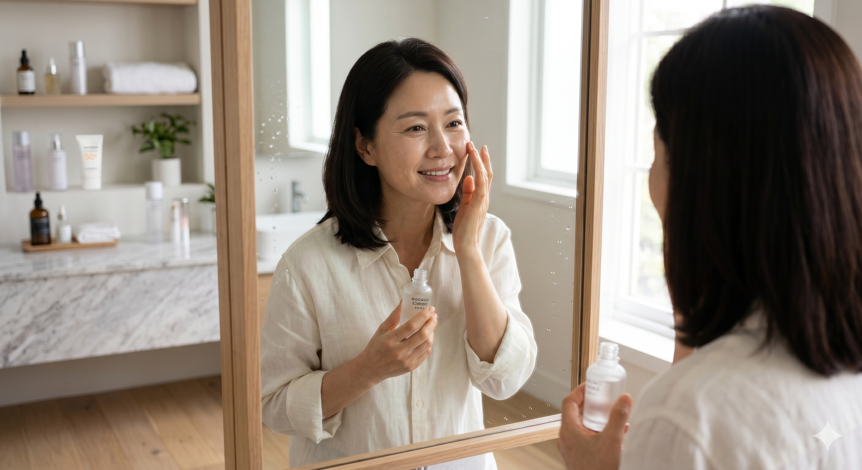 거울을 보며 모공 탄력 세럼을 바르는 50대 여성
여름철 50대 모공 관리의 시작은 매일의 보습과 자외선 차단입니다.