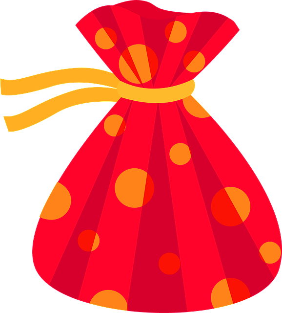 다홍색 주머니가 있다. 노란 줄로 자루 입구를 묶었다.