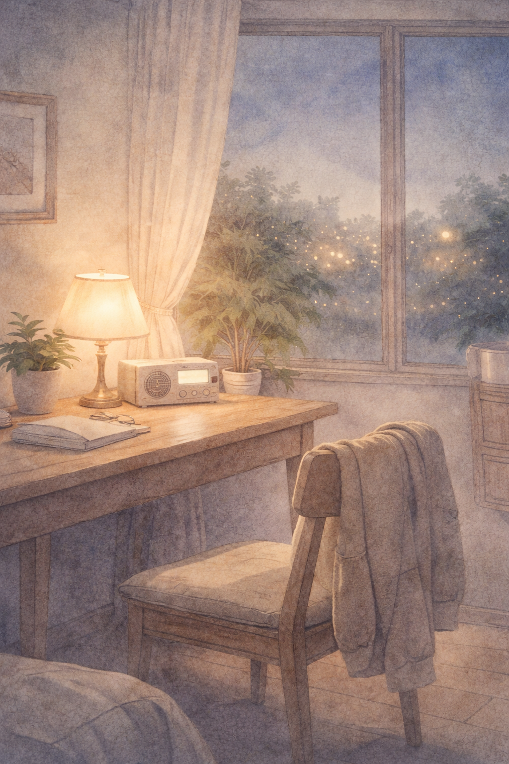 정돈된 실내 공간에서 배경음이 켜진 채 멈추지 않는 일상, 쉬는 것처럼 보이지만 뇌는 계속 작동하는 현대인의 생활 환경을 상징한 이미지