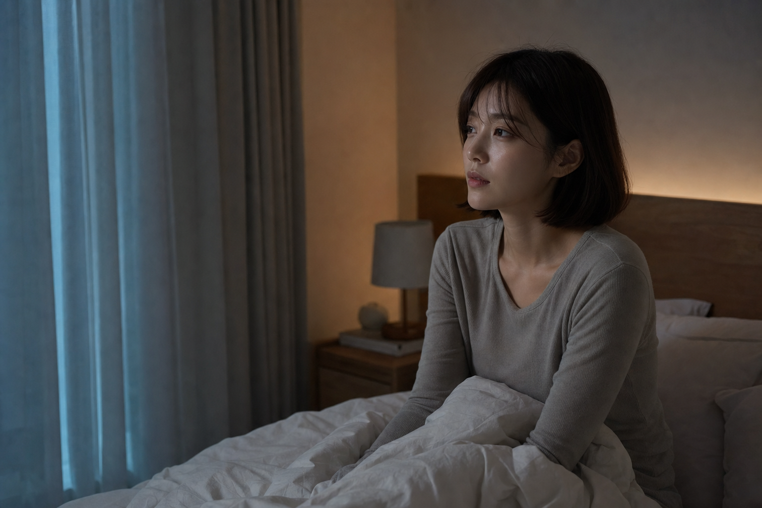 장신구 없이 새벽의 어두운 침실에서 잠에서 깨어 침대에 앉아 있는 서윤