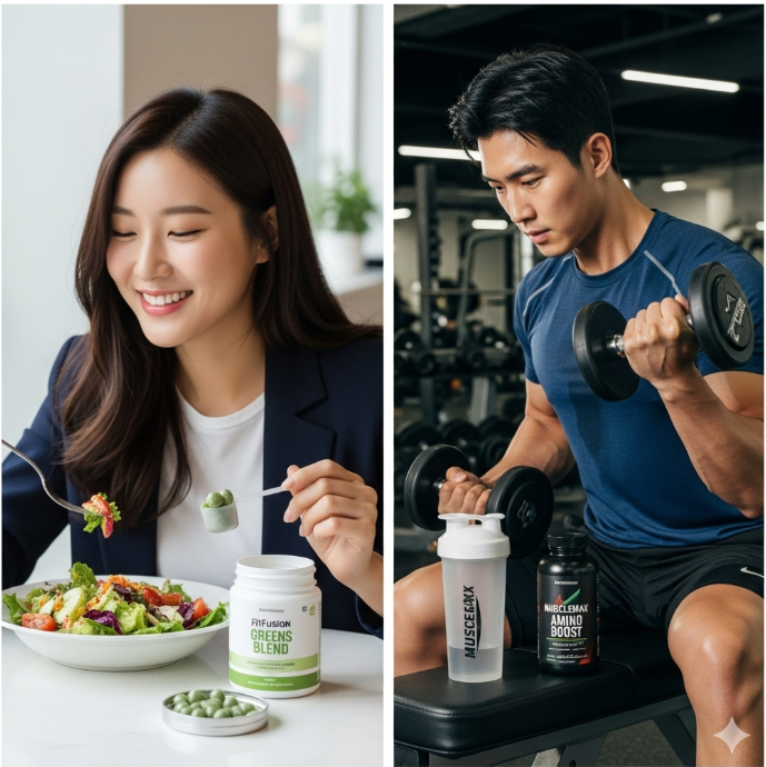 각기 다른 사람들의 모습이 담긴 사진. 한 여성은 샐러드를 먹고 있고, 다른 남성은 헬스장에서 운동하고 있다. 각자의 라이프스타일에 맞게 다이어트 보조제를 활용하는 모습을 나타낸다.
