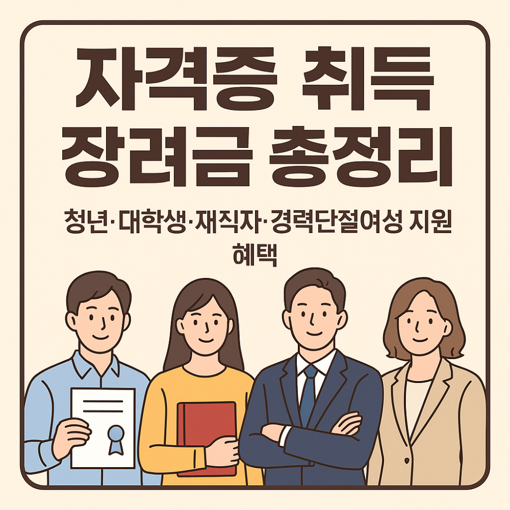 자격증 취득 장려금 총정리 – 청년·대학생·재직자·경력단절여성 지원 혜택 인포그래픽