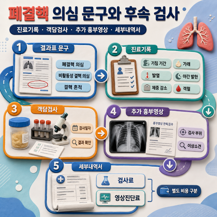 폐결핵 의심 문구가 있는 흉부 X-ray 결과에서 진료기록, 객담검사, 추가 흉부영상, 세부내역서 확인 순서를 정리한 인포그래픽