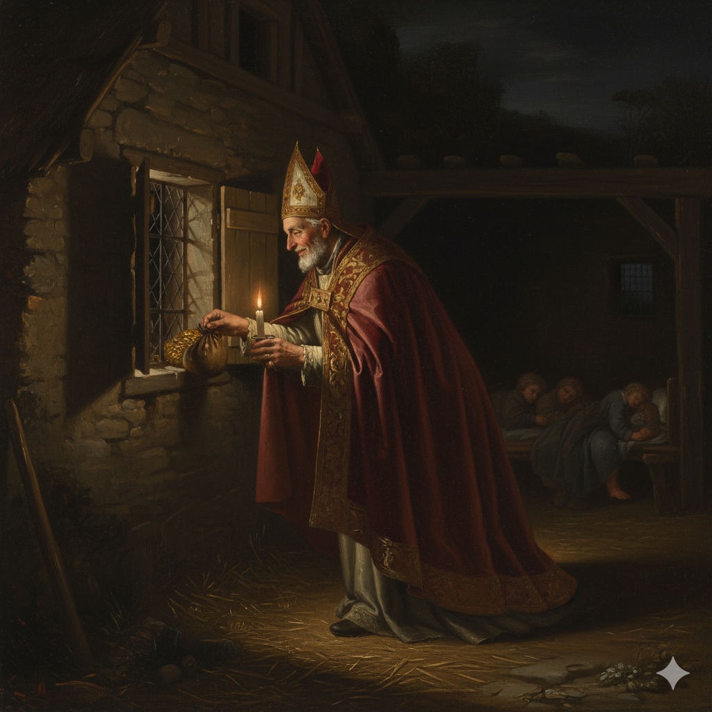 가난한 세 자매를 위해 밤중에 몰래 금 주머니를 창문으로 넣어주는 성 니콜라우스 주교