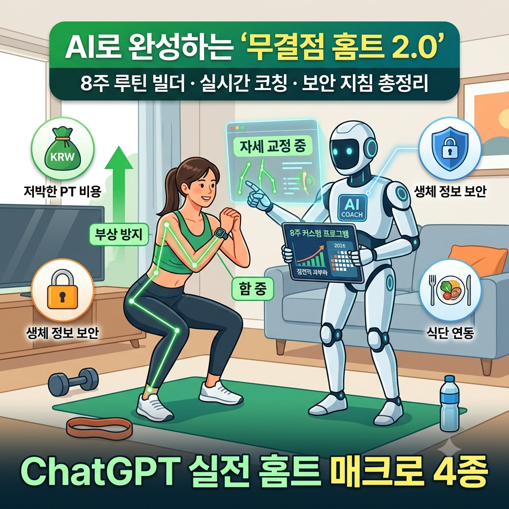 거실에서 한 여성이 스마트워치를 착용한 채 AI 로봇의 실시간 관절 궤적 스크리닝과 8주 커스텀 프로그램 안내에 맞춰 스쿼트 자세 교정 홈트레이닝을 진행하는 모습을 담은 대표 섬네일 이미지입니다.