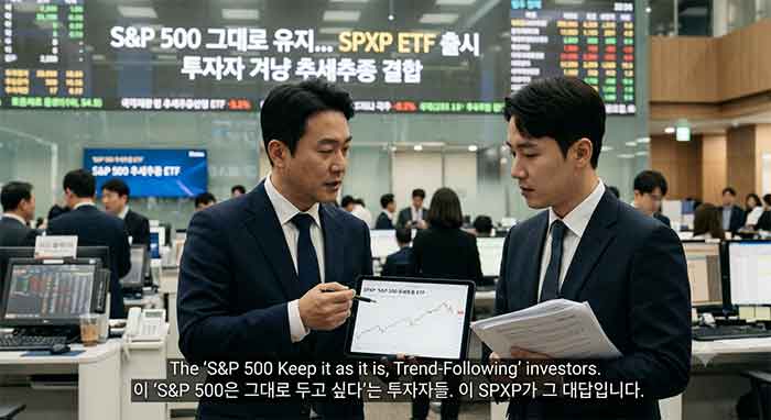 증권사 전광판 아래에서 금융 전문가들이 S&amp;P500 ETF 투자 그래프를 분석하는 모습.