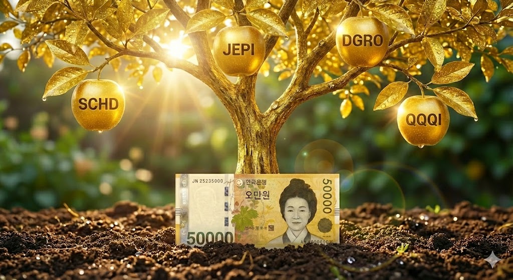 월 5만 원권 지폐가 거대한 배당금 나무의 뿌리가 되어 무성한 열매(ETF 종목들)를 맺고 있는 인포그래픽 그래픽