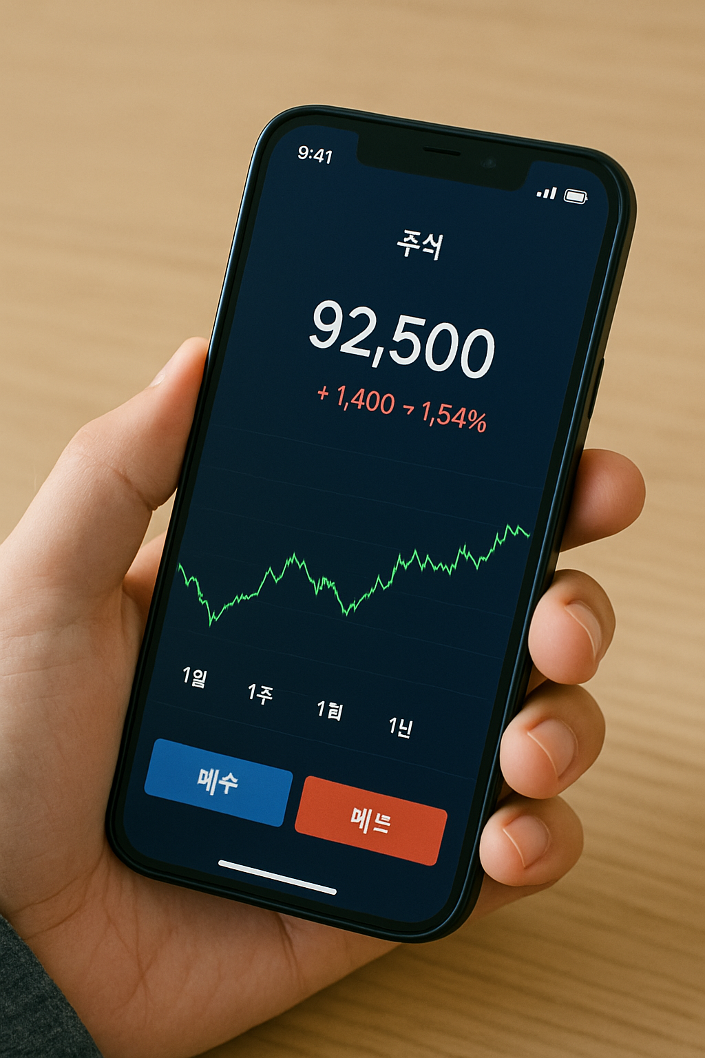 모바일 앱에서 주가를 확인 중인 사람