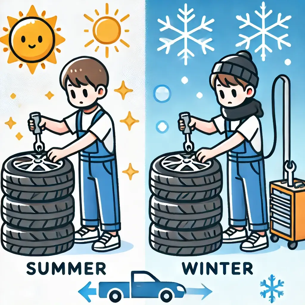 여름과 겨울 계절에 맞춰 타이어를 점검하는 정비사.