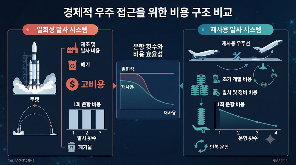 일회용 로켓과 재사용 우주선의 운항 비용 구조를 비교한 인포그래픽