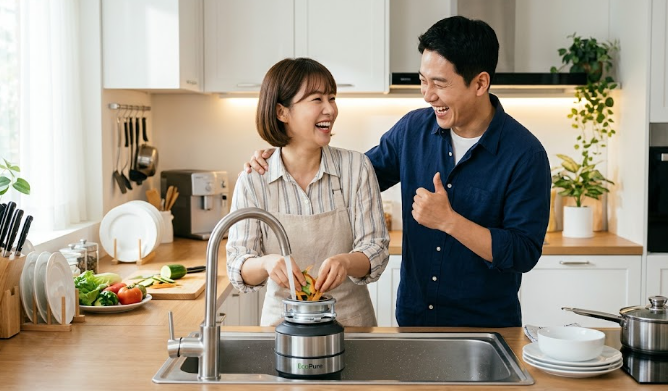 음식물 처리기 사용으로 음식물 쓰레기 스트레스에 벗어나 즐거워하는 30대 동양인 부부
