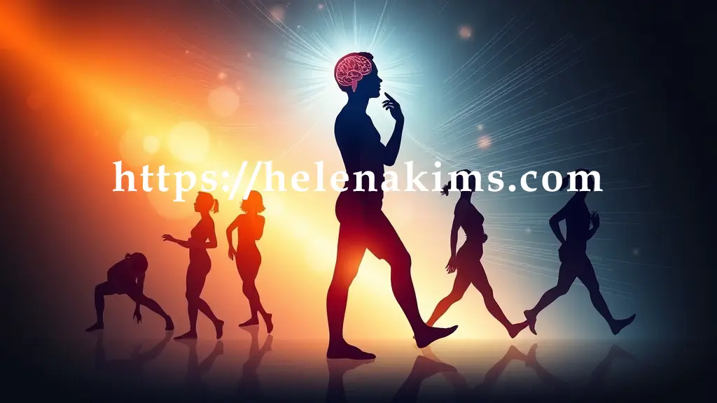 경직되고 움직임이 둔화된 인물 실루엣이 점차 유연하고 활기찬 요가 자세, 부드러운 스트레칭, 안정적인 보행으로 변화하는 역동적인 모습.