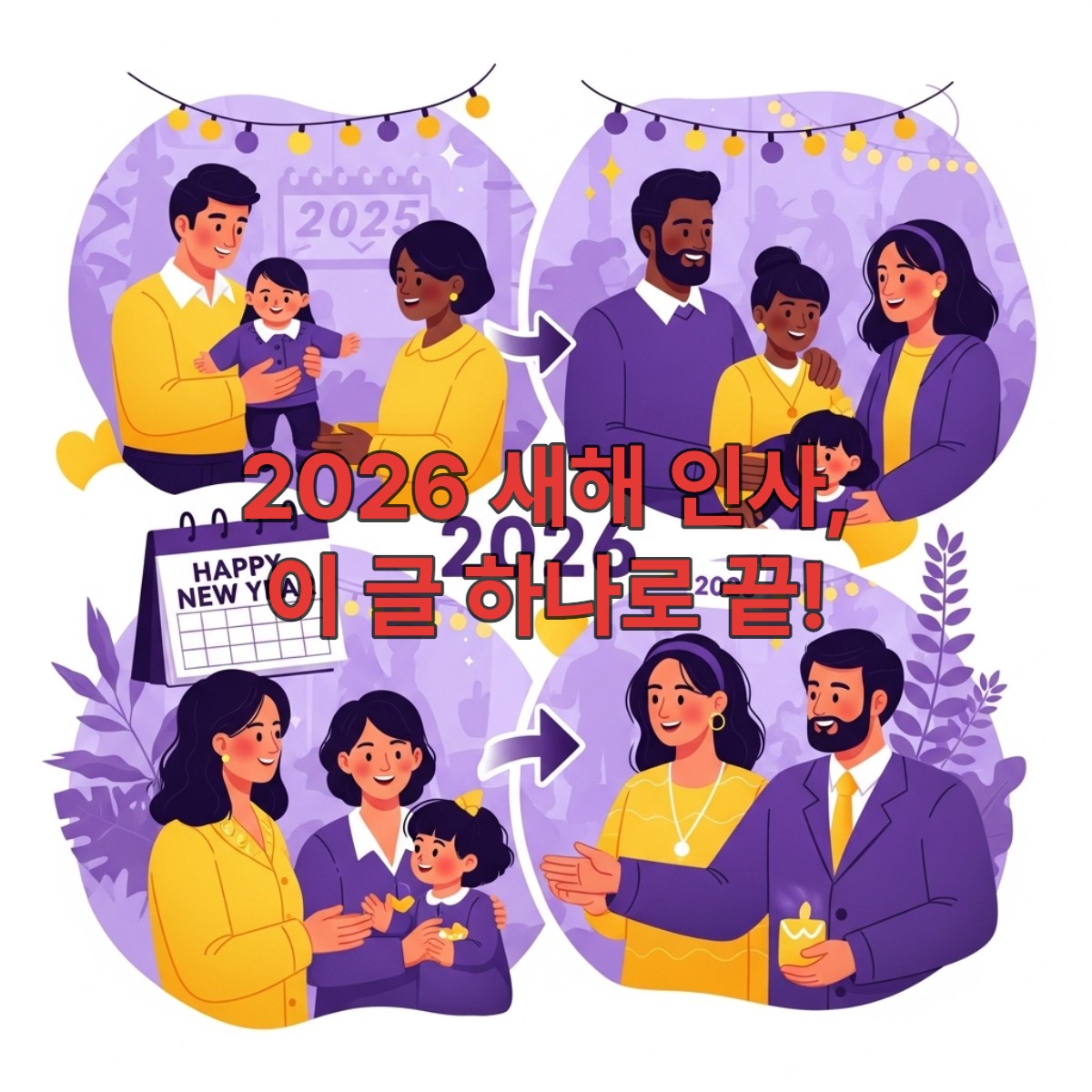 2026년 새해, 다양한 사람들이 서로에게 따뜻한 새해 인사와 덕담을 주고받으며 밝게 웃는 모습. 보라색과 노란색이 조화로운 배경은 희망찬 새해 분위기를 연출합니다.