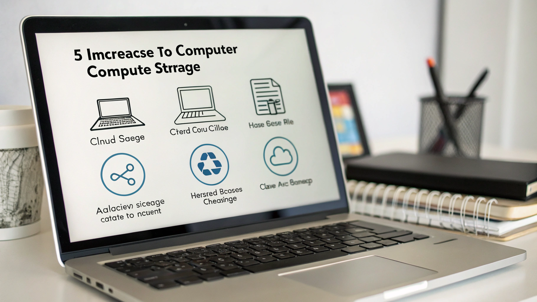 "노트북 화면에 '5 Increase to Computer Compute Strrage'라는 제목과 함께 다섯 가지 컴퓨터 저장 공간 증가 방법이 아이콘과 함께 나열되어 있음. 각 항목에는 'Clnud Saege', 'Hersed Bcases Cheasinge' 등 철자 오류가 많은 비정상적인 영어 문구가 포함되어 있음. 노트북은 책상 위에 놓여 있고, 옆에는 노트, 펜꽂이, 컵 등이 정리된 사무실 환경이 배경으로 보임