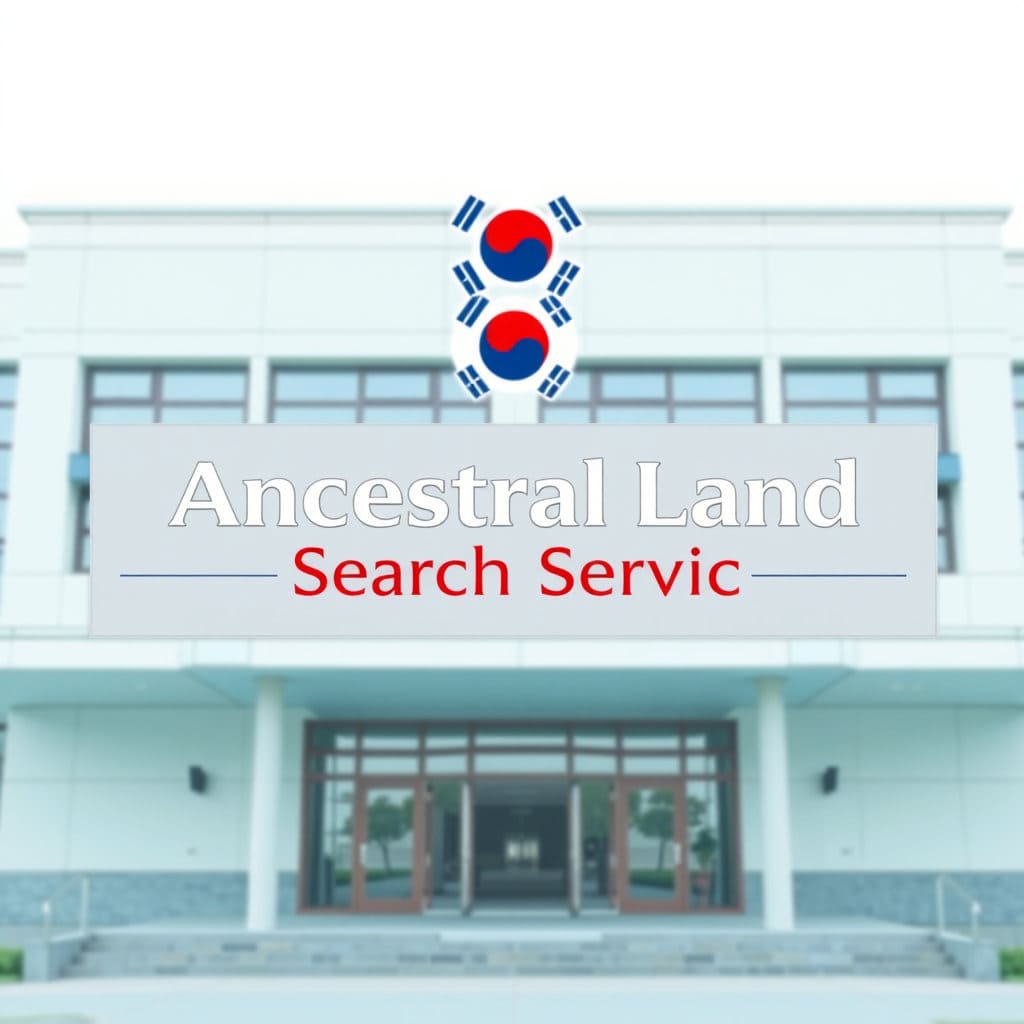 대한민국 정부의 상징물(예: 태극 문양)과 함께 '조상 땅 찾기 서비스' 배너가 명확하게 보입니다. 배경에는 안정적이고 신뢰감을 주는 공공기관의 건축물이나 상징적인 이미지를 사용합니다.