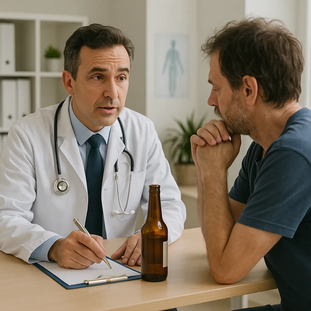 정신건강의학과 의사와 환자가 알코올 금단 증상 치료 및 단주 프로그램에 대해 상담하는 모습. 안전한 회복을 위한 전문가의 중요성을 나타냅니다.
