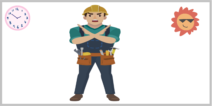 오후 시간대 작업 중지를 표현하며 팔로 엑스 표시를 하는 작업자