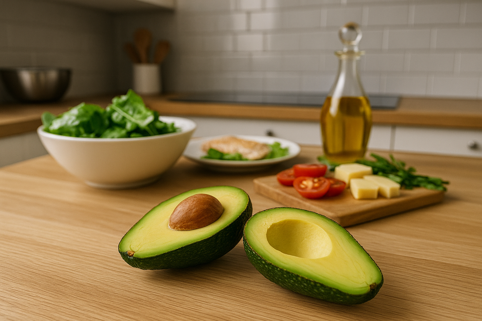 건강한 식단을 준비하는 주방 전경 속 아보카도 중심 이미지