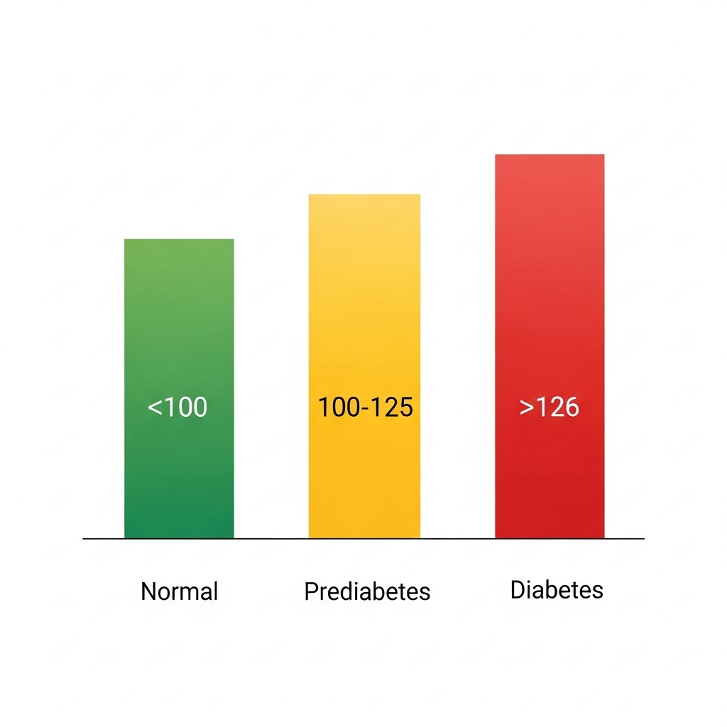 [이미지 2: 정상, 당뇨 전단계, 당뇨병 세 구간을 색깔로 구분하여 혈당 수치를 보여주는 깔끔한 인포그래픽, 텍스트는 영문으로 표기]