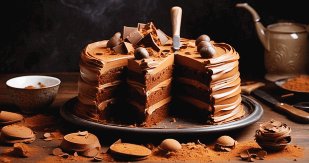 둥그런 접시에 초콜릿 케이크가 있다. 주변에도 초콜릿들이 가득하다.