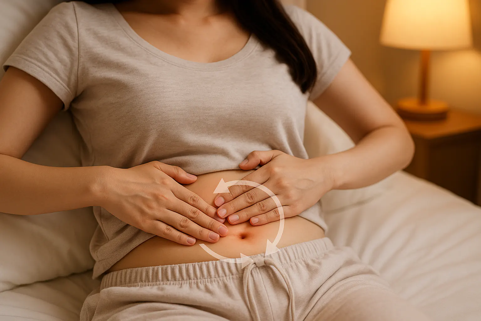 양손을 배꼽 주변에 올리고 시계 방향으로 부드럽게 복부 마사지를 하는 장면, 왼쪽 하복부를 중심으로 지그시 누르는 모습