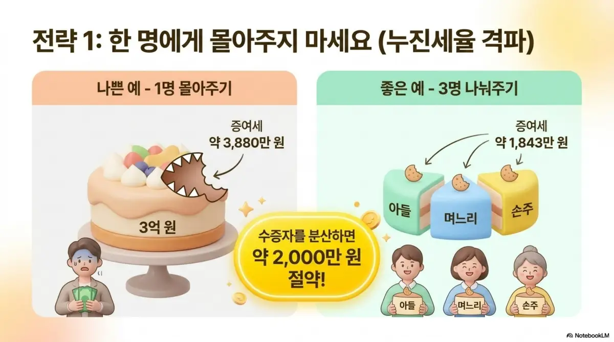 증여세 절세방법: 3억원을 한 명에게 몰아주면 증여세 약 3880만원이지만 아들 며느리 손주 3명에게 나눠주면 약 1843만원으로 줄어드는 비교를 케이크 일러스트로 보여주는 인포그래픽 이미지. 이 이미지는 수증자 분산을 통한 누진세율 절감 효과를 시각적으로 전달하며 블로그의 증여세 절세 방법과 관련된 내용을 설명함
