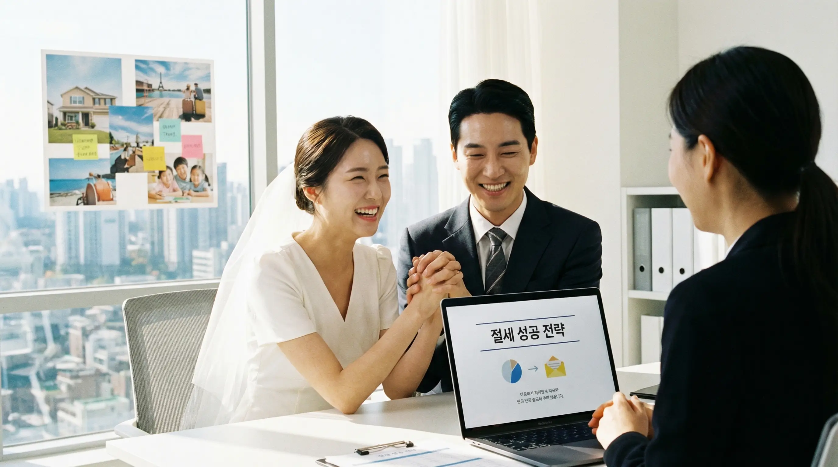 성공적인 절세 전략으로 자산을 지키고 밝은 미래를 계획하며 미소 짓는 신혼부부의 모습